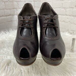 Fendi Dark Brown Leather Peep Toe Oxford Platform Heels Brogue Wingtip Size 36.5